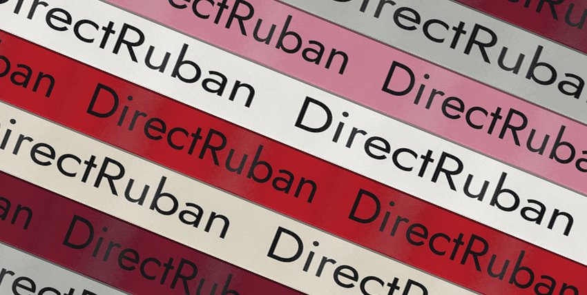 Rubans satin à plat de plusieurs couleurs, imprimés DirectRuban en noir