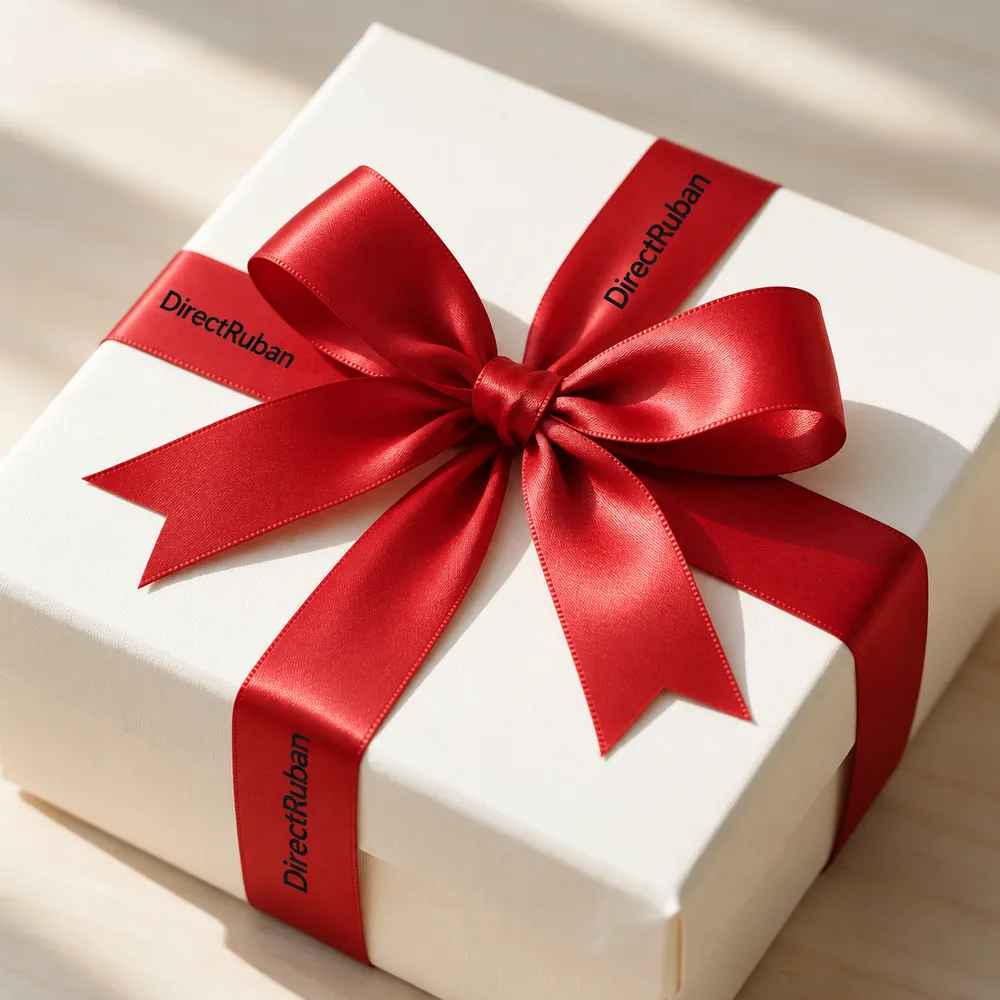 Coffret crème noué d'un nœud de ruban satin rouge imprimé DirectRuban en noir