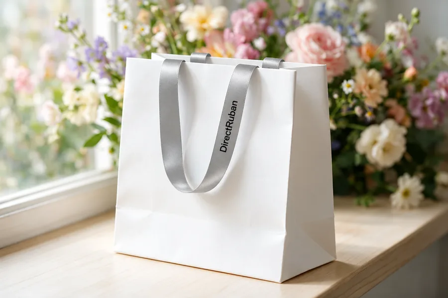 Sac boutique blanc aux anses en ruban satin gris perle imprimé DirectRuban en noir