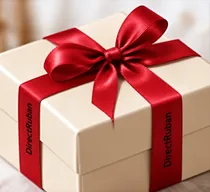 Coffret crème noué d'un ruban satin rouge imprimé DirectRuban en noir