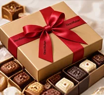 Boîte de chocolats nouée d'un ruban satin rouge imprimé DirectRuban en noir