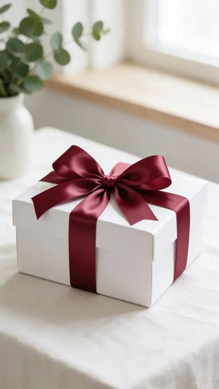 Coffret blanc noué d'un ruban satin rouge de 20 mm