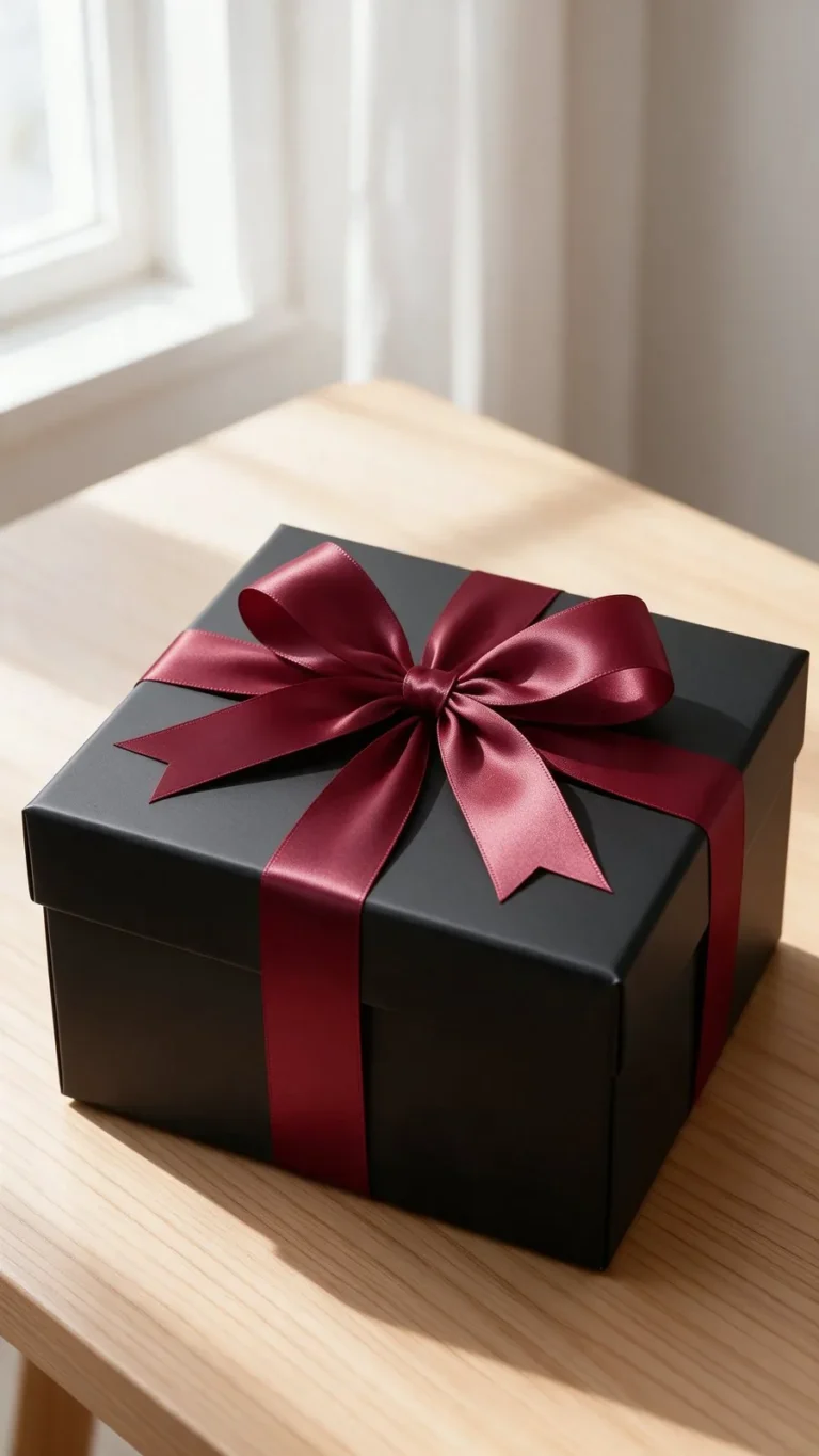 Coffret noir noué d'un large ruban satin bordeaux