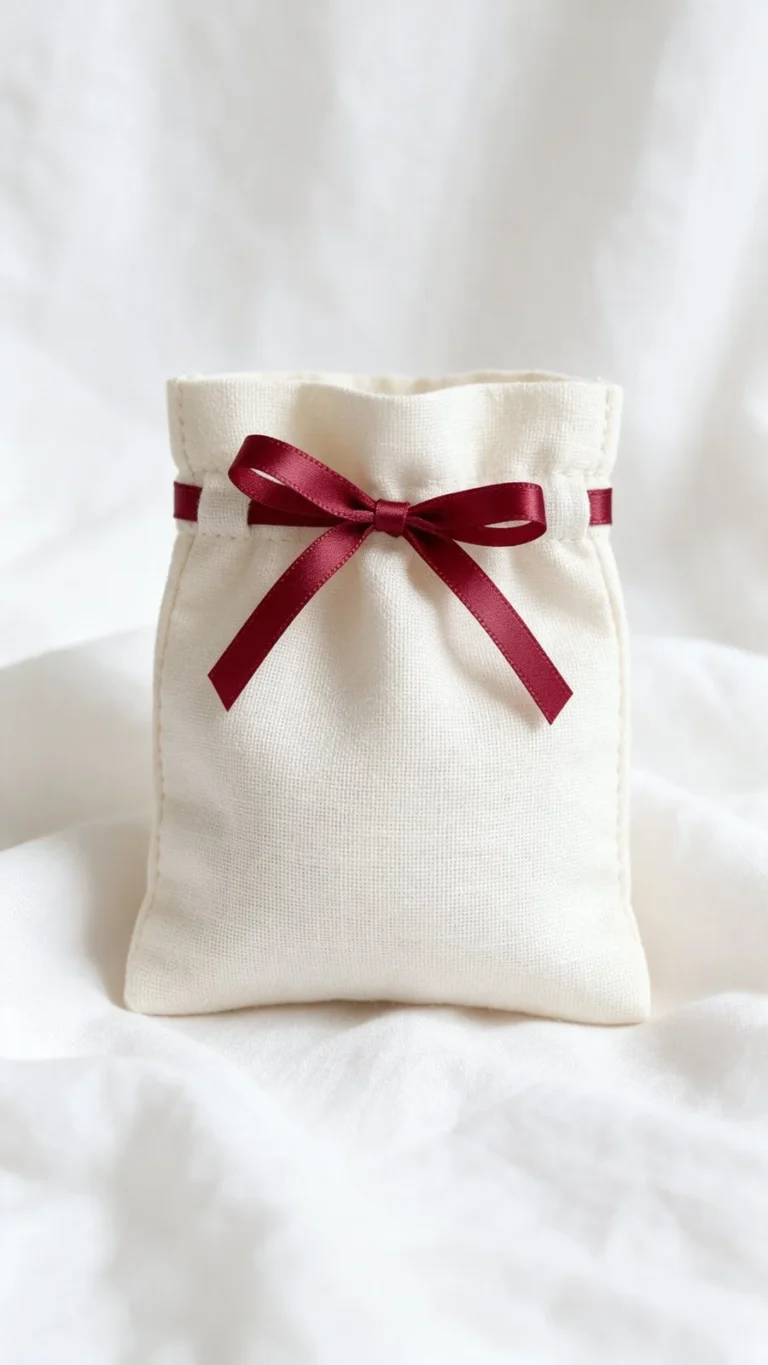 Pochon en tissu fermé par un fin ruban satin rouge
