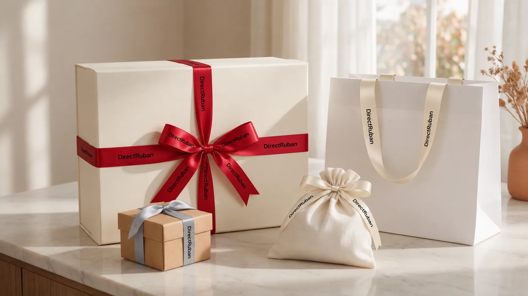 Coffret noué d'un ruban satin rouge, petite boîte kraft au ruban gris perle, pochon et sac aux rubans crème, imprimés DirectRuban en noir