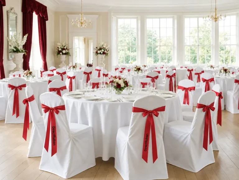 Salle de réception : chaises housées de blanc, nouées au dossier d'un ruban satin rouge imprimé DirectRuban en noir