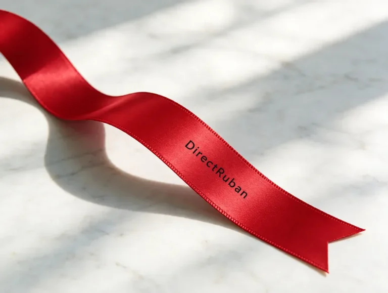 Ruban satin rouge imprimé DirectRuban en noir, posé en vague sur un plan de travail en marbre blanc