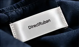 Étiquette en ruban satin blanc imprimé DirectRuban en noir, cousue à l'intérieur d'un vêtement bleu marine