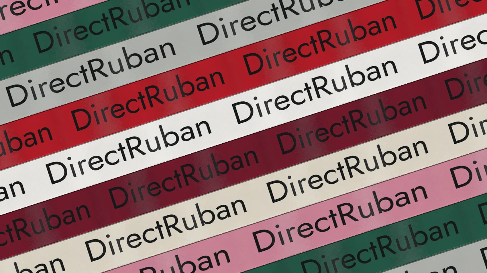 Rubans satin à plat en bordeaux, écru, rose, vert, gris, rouge et blanc, imprimés DirectRuban en noir