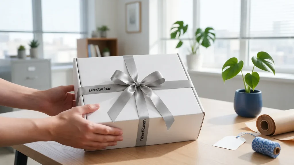 Mains posant sur un bureau une boîte blanche nouée d'un ruban satin gris perle imprimé DirectRuban en noir, rouleau de kraft et ficelle