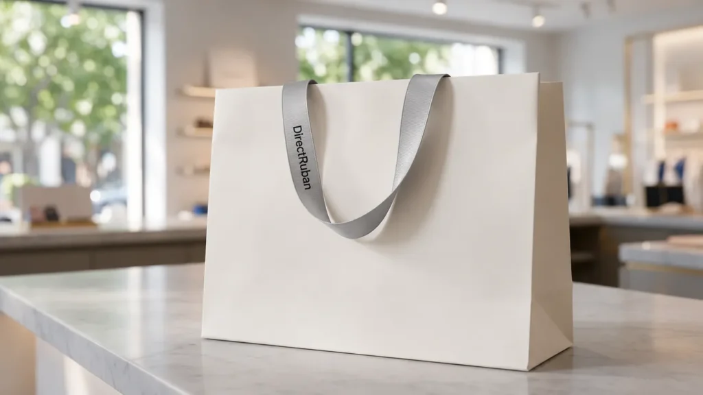Sac en papier blanc posé sur un comptoir en marbre de boutique, anses en ruban satin gris perle imprimé DirectRuban en noir