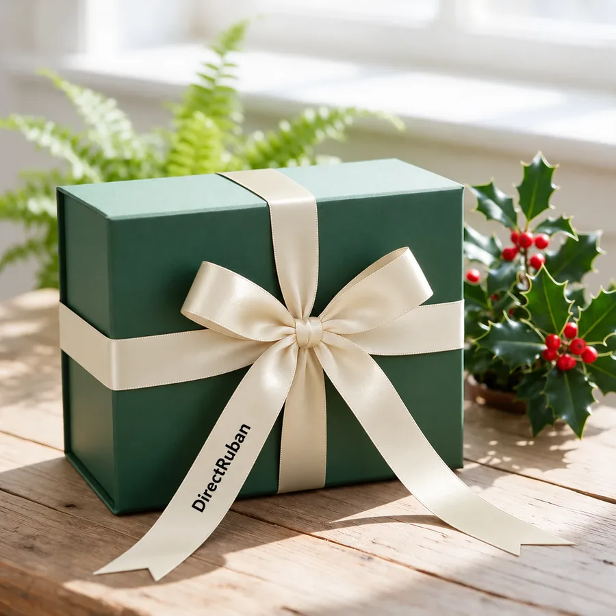 Coffret vert sapin noué d'un ruban satin crème imprimé DirectRuban en noir, branche de houx sur une table en bois