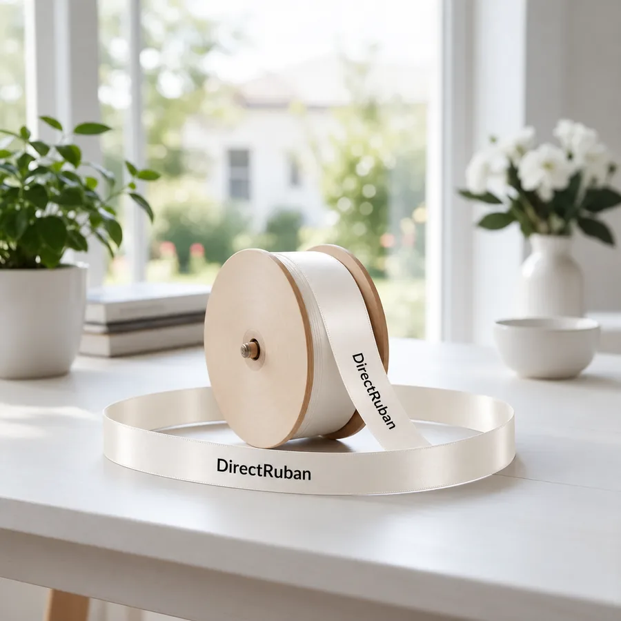 Bobine en bois de ruban satin crème imprimé DirectRuban en noir, déroulée sur une table blanche près d'une fenêtre