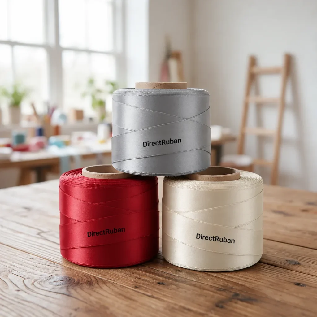 Trois rouleaux de ruban satin gris perle, rouge et crème imprimés DirectRuban en noir, empilés sur un établi en bois
