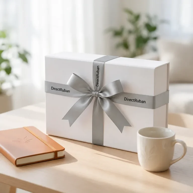 Boîte cadeau blanche nouée d'un ruban satin gris perle imprimé DirectRuban en noir, carnet en cuir et tasse sur la table