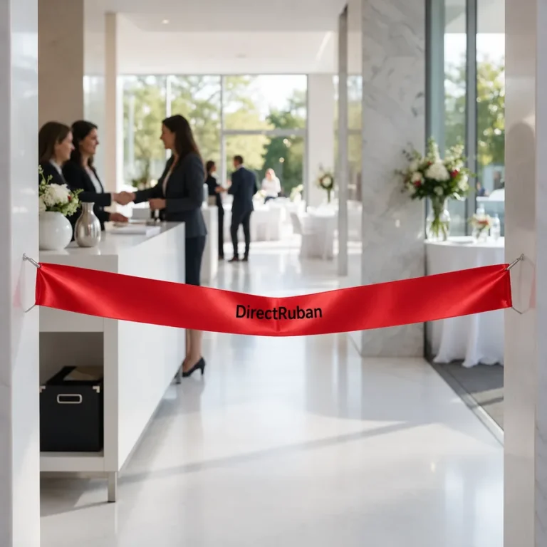 Ruban satin rouge imprimé DirectRuban en noir tendu en travers d'un hall d'accueil, hôtesses et invités en arrière-plan