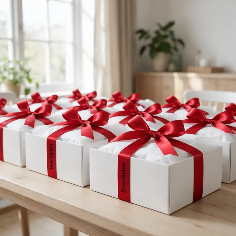Série de boîtes blanches garnies de papier de soie, nouées de rubans satin rouges imprimés DirectRuban en noir