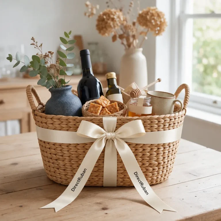 Panier garni en osier avec vin, huile, miel et nougat, noué d'un ruban satin crème imprimé DirectRuban en noir