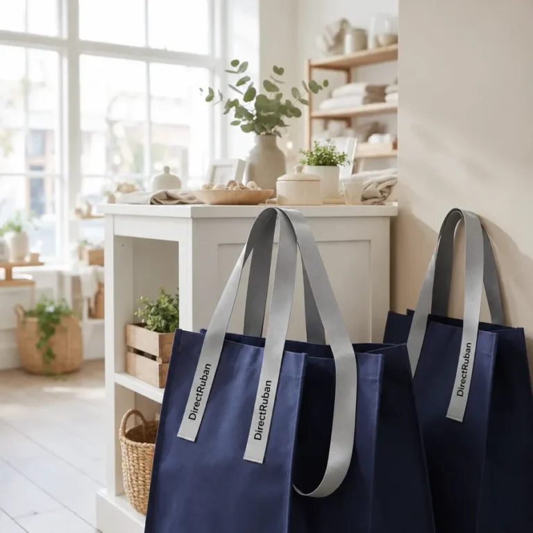 Deux sacs cabas bleu marine en boutique, anses en ruban satin gris perle imprimé DirectRuban en noir