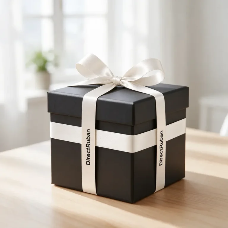 Boîte cadeau noire carrée nouée d'un ruban satin crème imprimé DirectRuban en noir, sur une table en bois clair