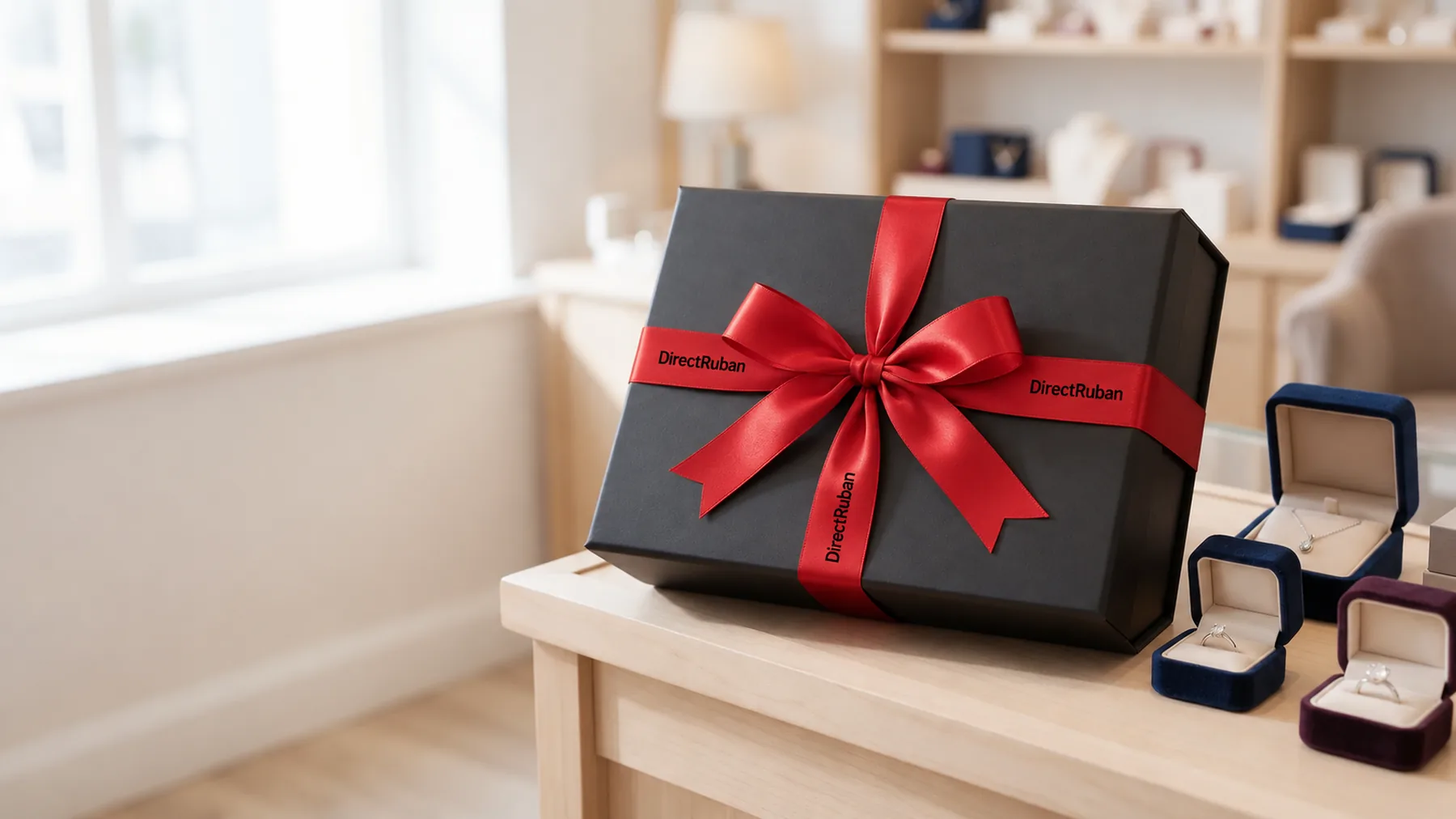 Comptoir de bijouterie : coffret noir noué d'un ruban satin rouge imprimé DirectRuban en noir, écrins à bague