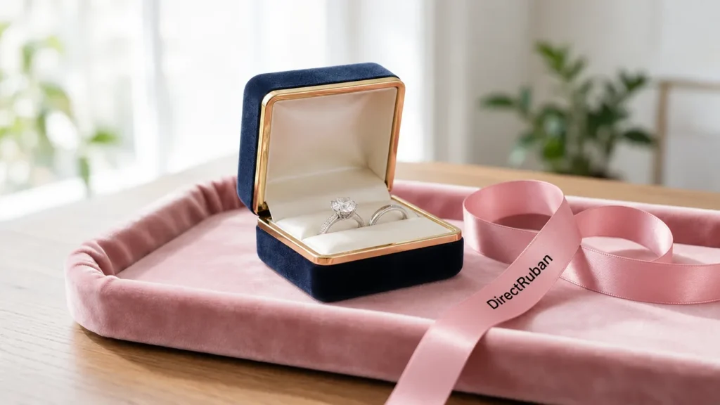 Écrin en velours bleu nuit ouvert sur une bague et une alliance, posé sur un plateau rose, à côté d'un ruban satin rose imprimé DirectRuban en noir