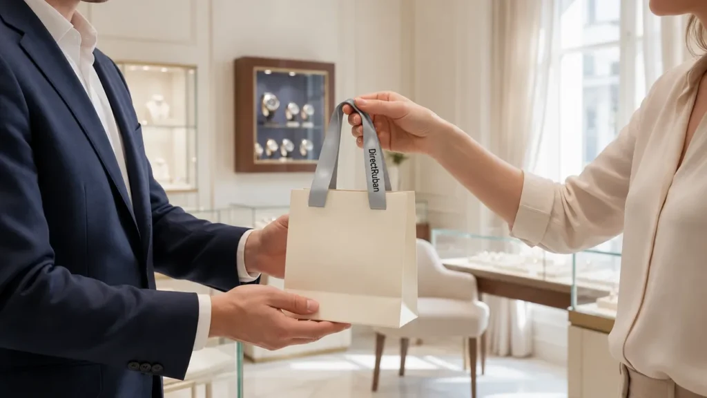 Bijouterie : une cliente tend un sac blanc aux anses en ruban satin gris perle imprimé DirectRuban en noir, devant des vitrines de montres