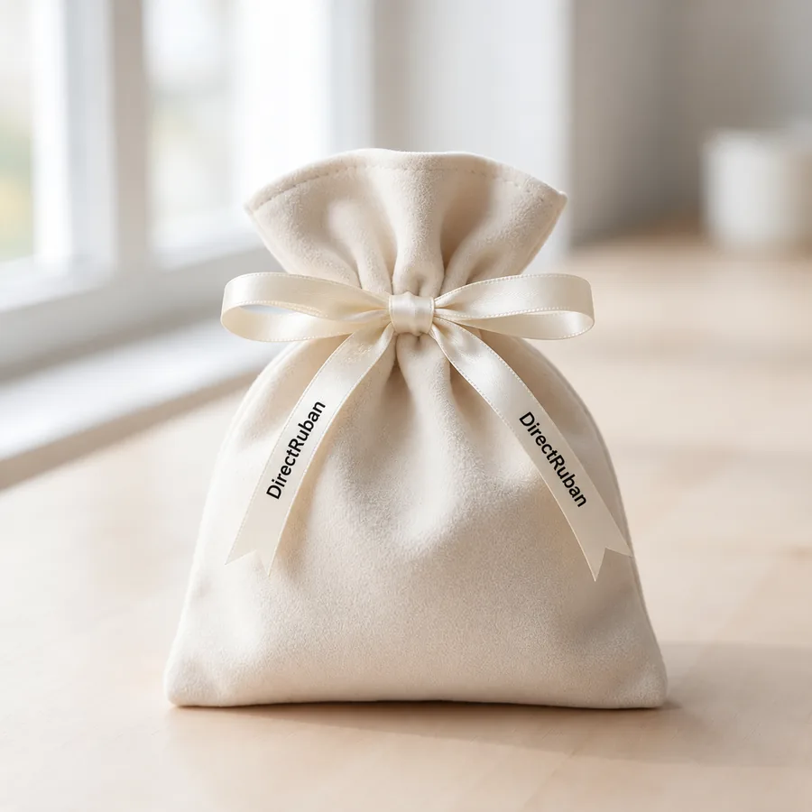 Pochette en suédine crème fermée par un nœud de ruban satin crème imprimé DirectRuban en noir, posée près d'une fenêtre