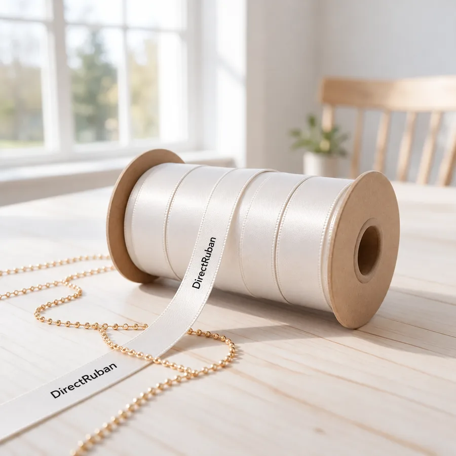 Bobine de ruban satin blanc imprimé DirectRuban en noir, déroulée sur une table en bois clair à côté d'une fine chaîne dorée