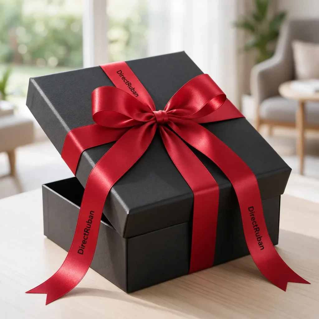 Coffret noir au couvercle entrouvert, noué d'un grand ruban satin rouge imprimé DirectRuban en noir, sur une table en bois clair
