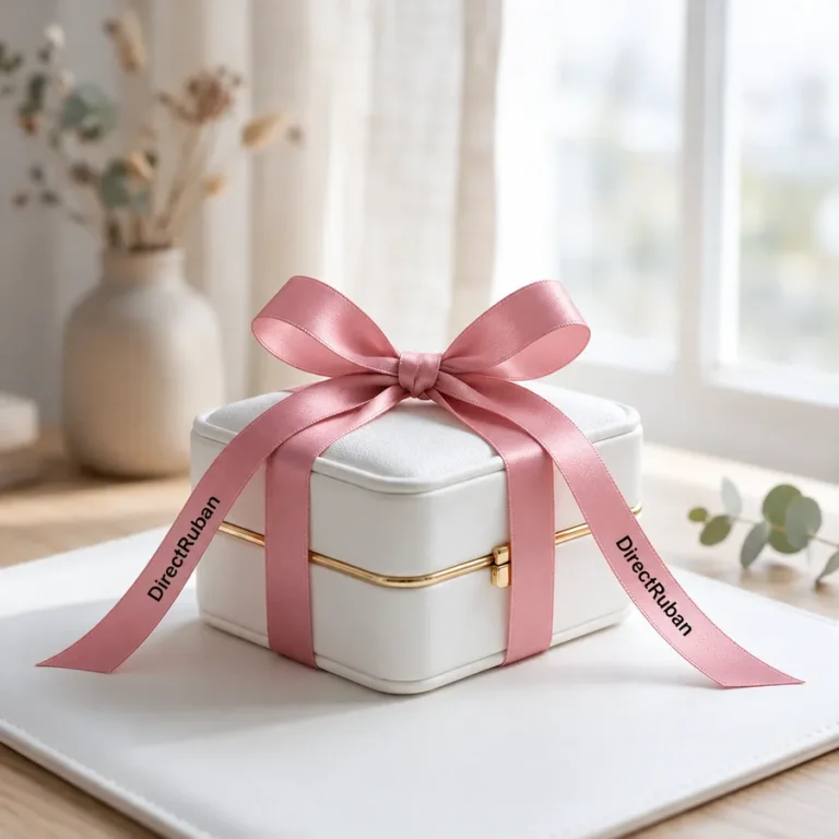 Écrin à bijoux blanc à liseré doré noué d'un ruban satin rose imprimé DirectRuban en noir, posé sur un sous-main blanc