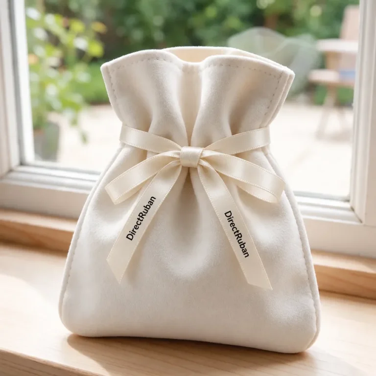 Pochette en suédine crème froncée et nouée d'un ruban satin crème imprimé DirectRuban en noir, sur le rebord d'une fenêtre