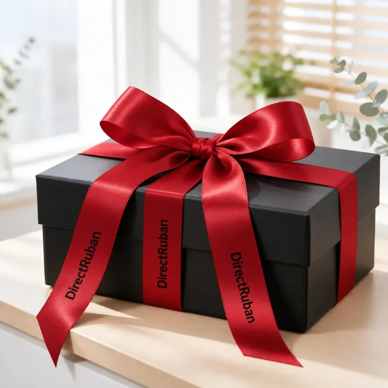 Coffret cadeau noir noué d'un large ruban satin rouge imprimé DirectRuban en noir sur chaque pan, avec un grand nœud sur le dessus