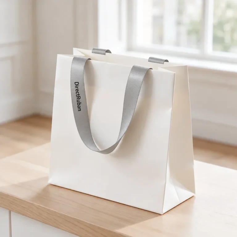 Sac en papier blanc aux anses en ruban satin gris perle imprimé DirectRuban en noir, posé sur un meuble en bois clair