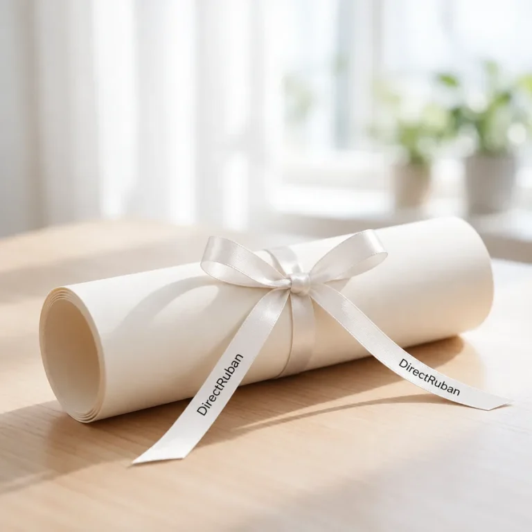 Rouleau de papier crème noué d'un ruban satin blanc imprimé DirectRuban en noir, posé sur une table en bois clair