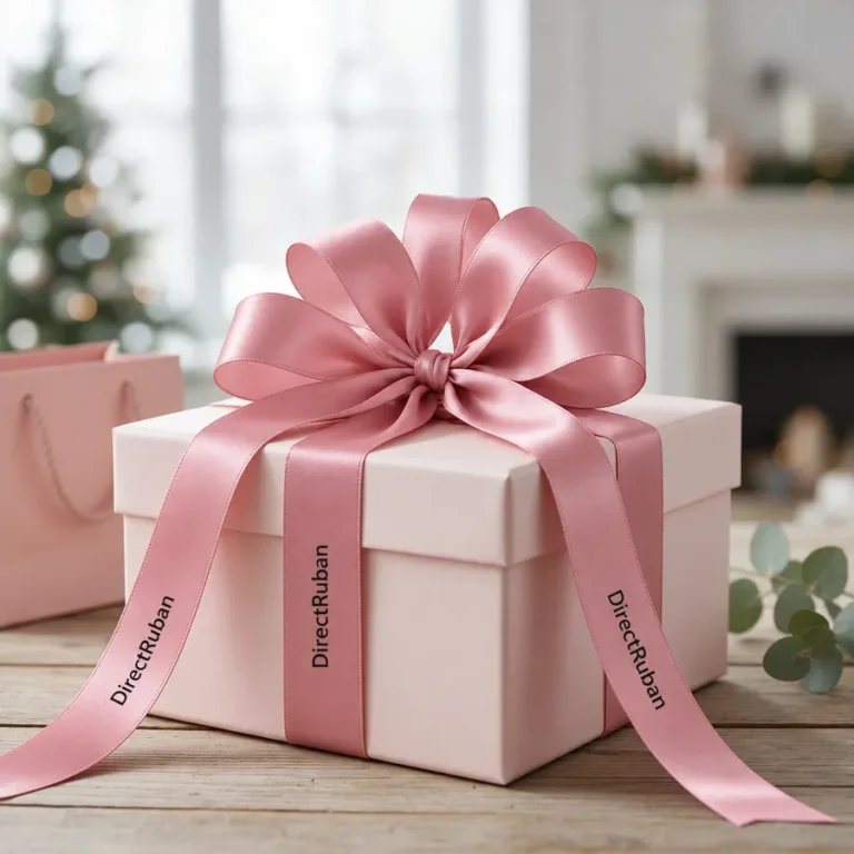 Boîte cadeau rose pâle nouée d'un ruban satin rose imprimé DirectRuban en noir, grand nœud à boucles, sapin de Noël en arrière-plan
