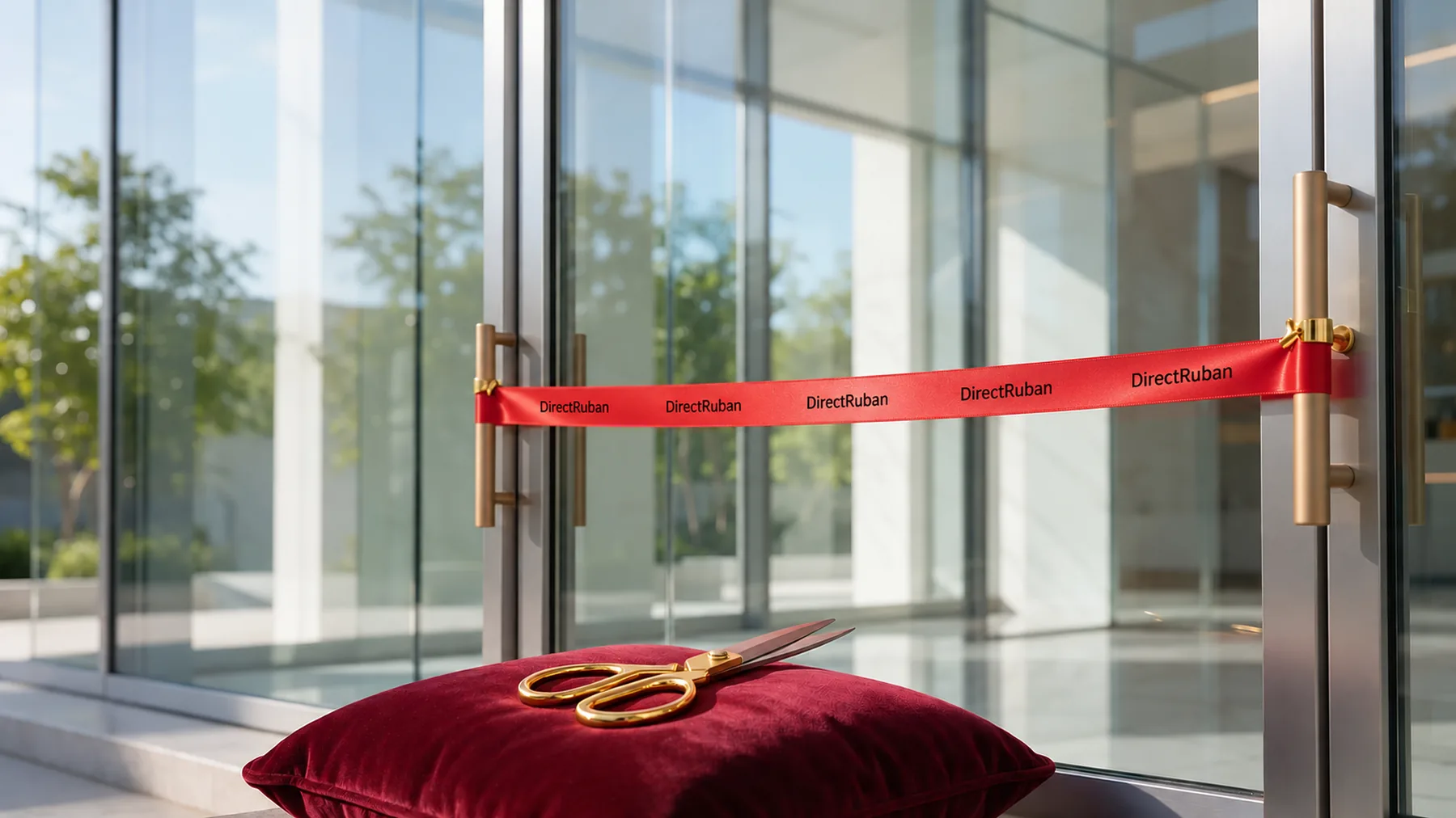 Ruban satin rouge imprimé DirectRuban en noir tendu entre les poignées d'une porte vitrée, ciseaux dorés sur un coussin