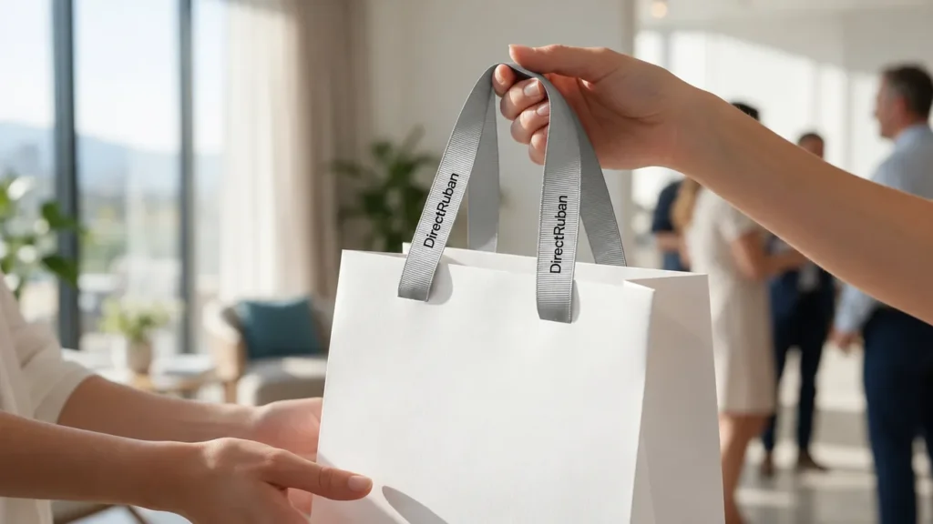 Hôtesse remettant un sac aux anses en ruban satin gris perle imprimé DirectRuban en noir