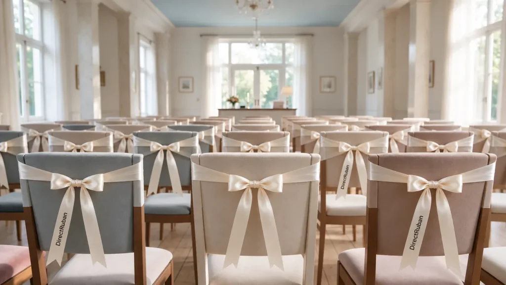 Salle de réception aux chaises ornées de nœuds de ruban satin crème imprimé DirectRuban en noir