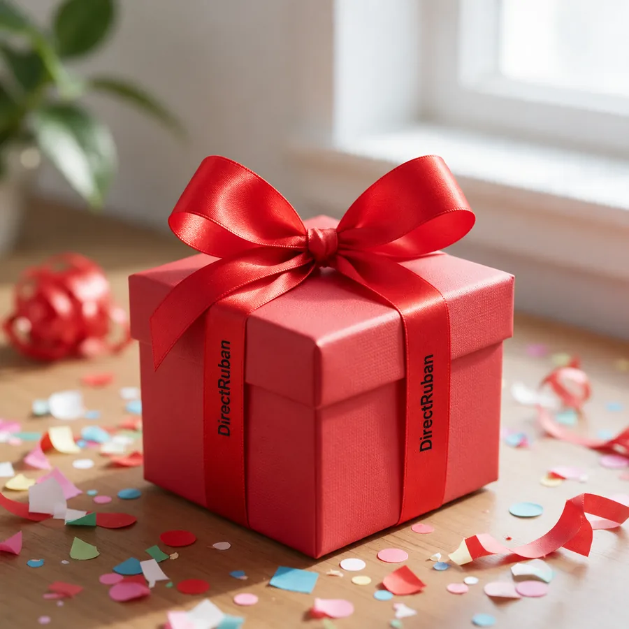 Boîte cadeau rouge fermée d'un nœud de ruban satin rouge imprimé DirectRuban en noir