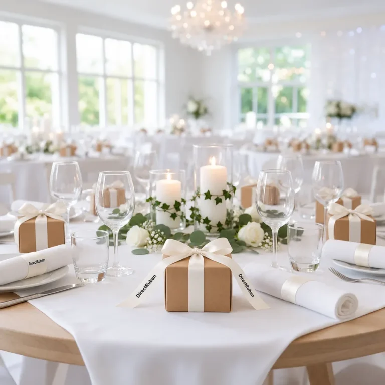 Table de gala : boîtes cadeaux en kraft nouées d'un ruban satin blanc imprimé DirectRuban en noir, serviettes baguées de ruban