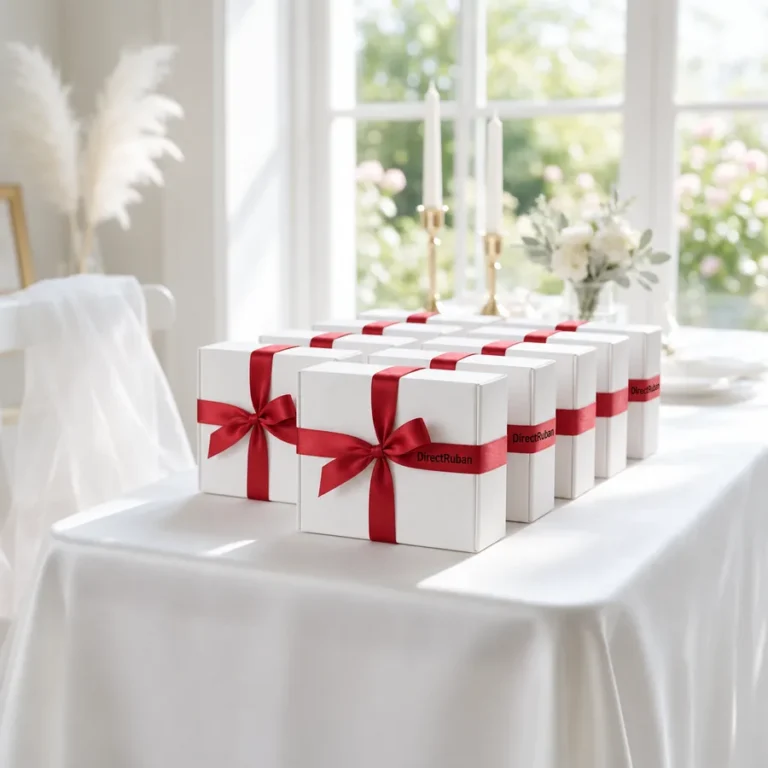 Rangée de boîtes cadeaux pour les invités nouées d'un ruban satin rouge imprimé DirectRuban en noir