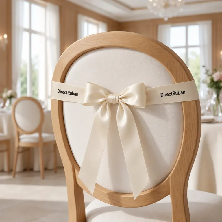 Dossier de chaise de réception orné d'un nœud de ruban satin crème imprimé DirectRuban en noir