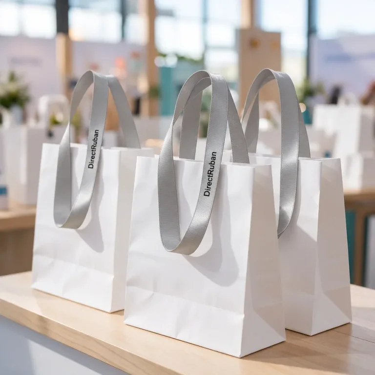 Sacs de lancement de produit aux anses en ruban satin gris perle imprimé DirectRuban en noir
