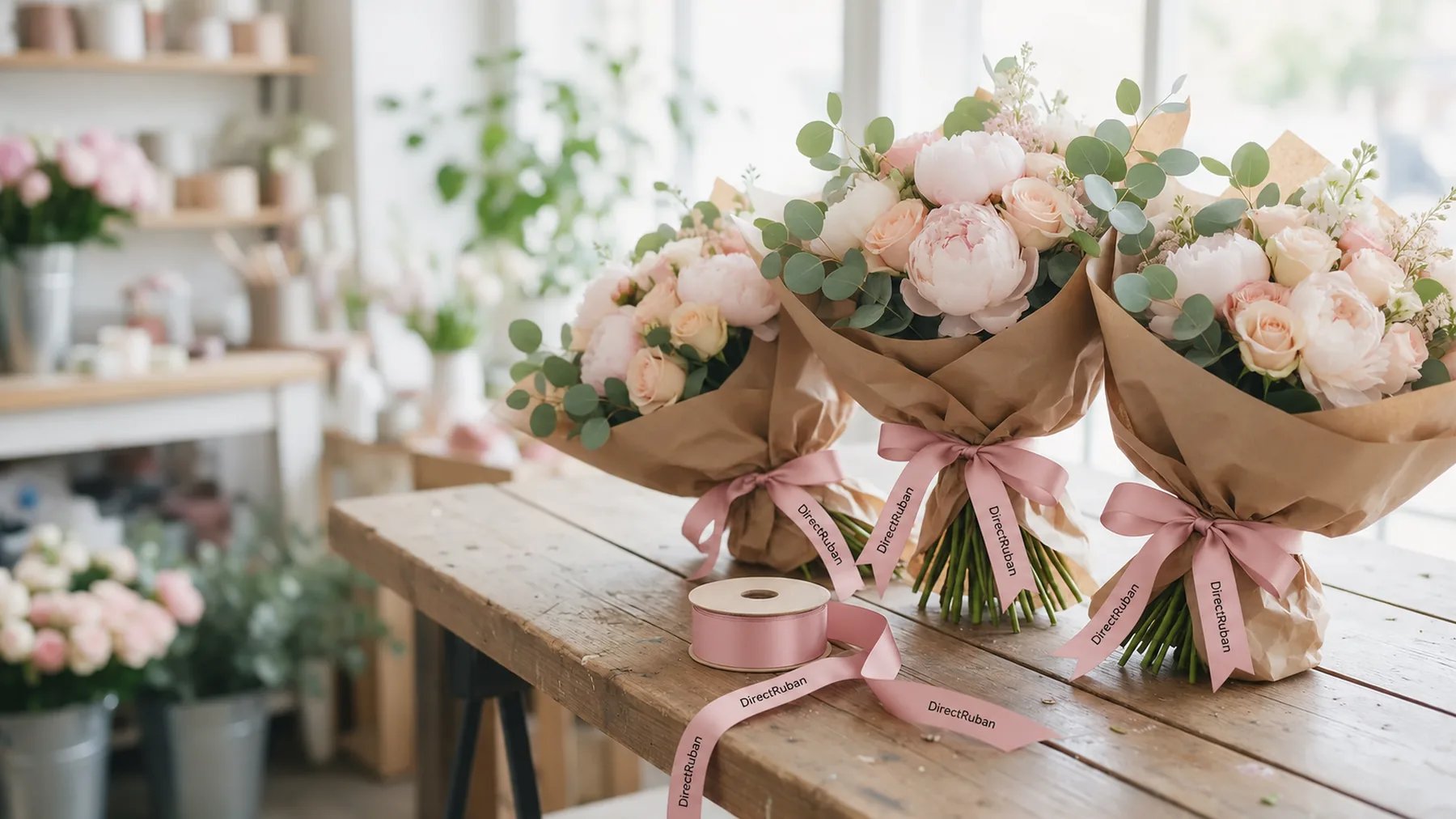Établi de fleuriste : bouquets de pivoines emballés de kraft et noués de ruban satin rose imprimé DirectRuban en noir, bobine posée sur la table