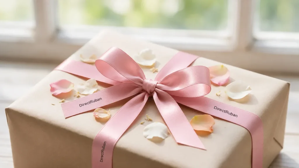 Paquet en papier kraft noué d'un ruban satin rose imprimé DirectRuban en noir, pétales de rose