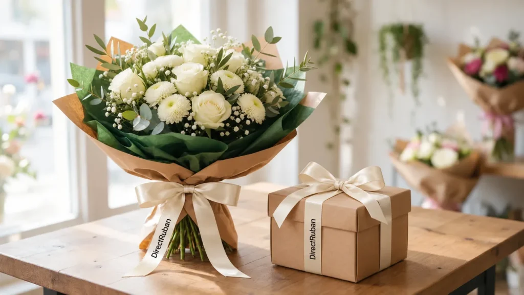 Bouquet et boîte cadeau noués d'un ruban satin crème imprimé DirectRuban en noir, prêts à livrer