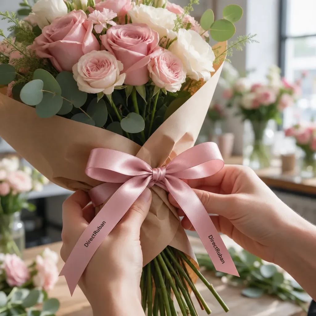 Mains de fleuriste nouant un ruban satin rose imprimé DirectRuban en noir autour d'un bouquet
