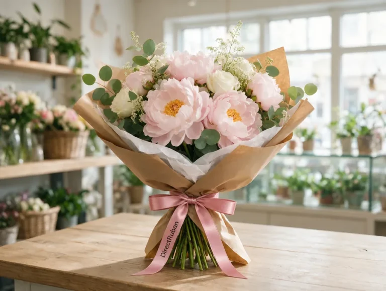 Bouquet de pivoines emballé de kraft, noué d'un ruban satin rose imprimé DirectRuban en noir