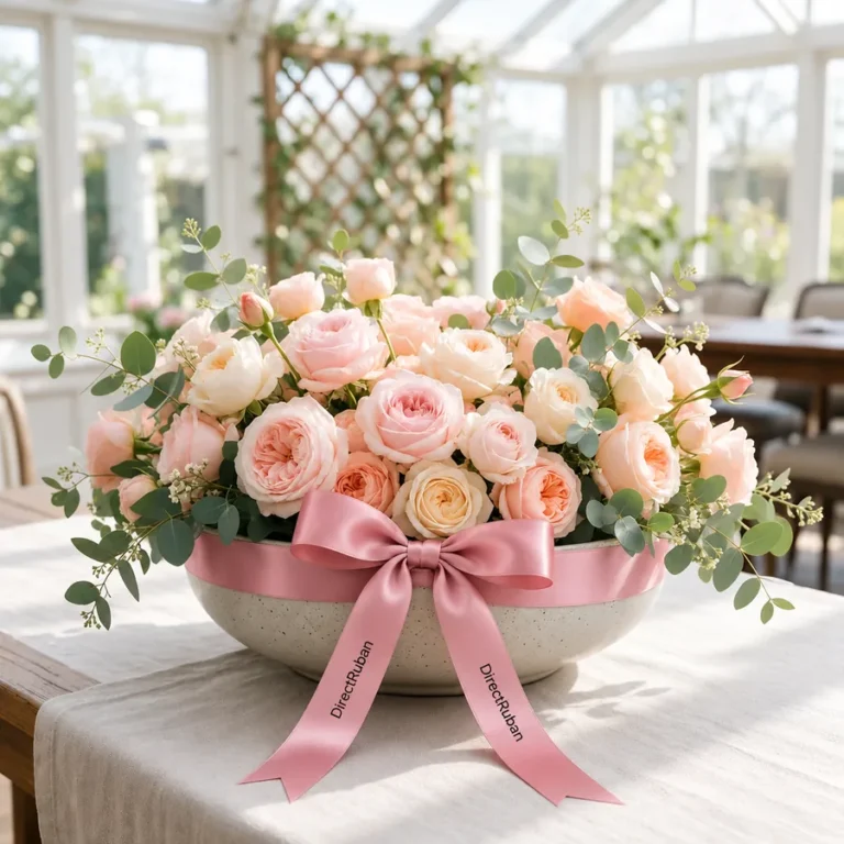 Composition de roses dans une coupe, finie d'un nœud de ruban satin rose imprimé DirectRuban en noir